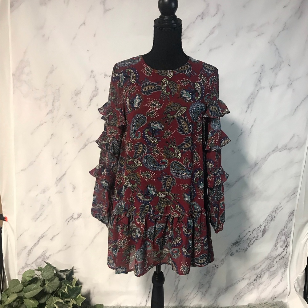 Cute Burgundy/Wine Paisley Long Sleeved Dress